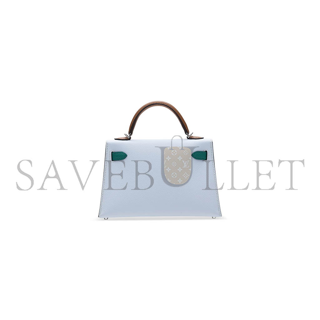 HERMÈS MASTER HAZE BLUE AND IMPERIAL GREEN AND SESAME EPSOM LEATHER TRICOLOR MINI KELLY 20 II WITH PALLADIUM HARDWARE (19*12*5.5cm)